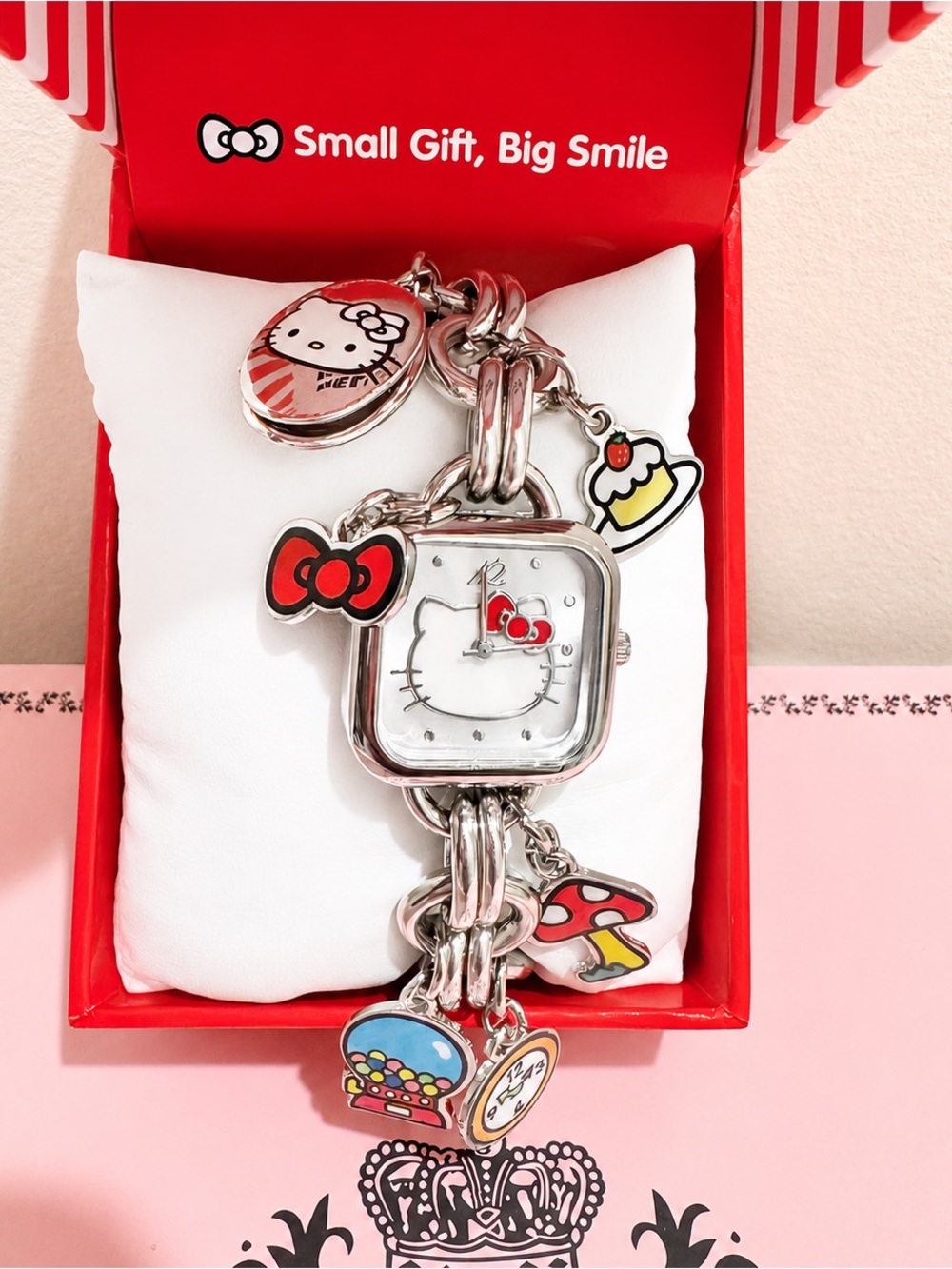 Sanrio Hello Kitty Silver Charm Watch Bracelet with Red Accents